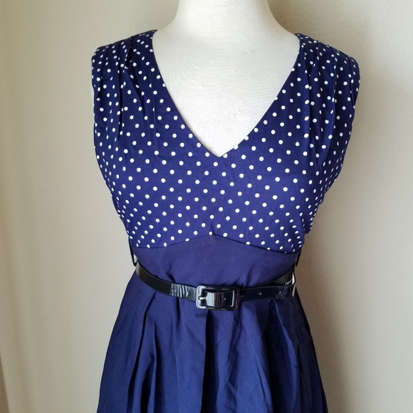 Sapphyra Navy Blue Polka Dot Retro Flare Dress - Picture 2 of 8